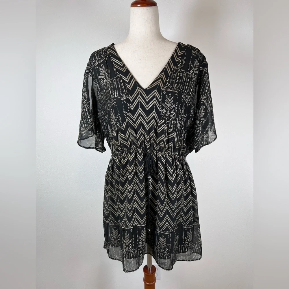 Free People Love My Chaos Tunic Dress Size Small Black Gold Geometric Drawstring